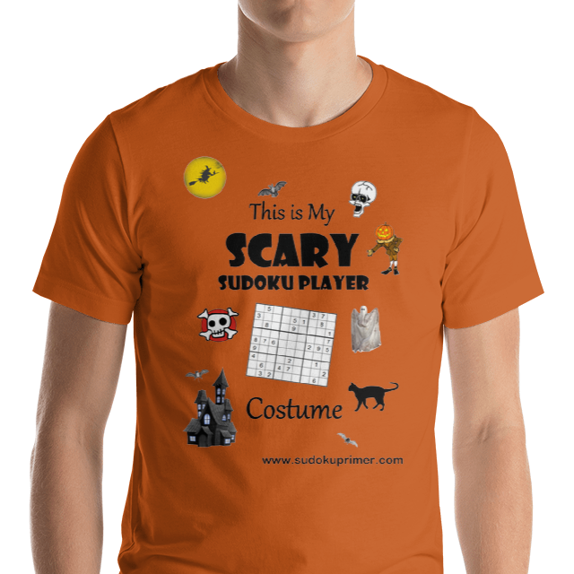 Orange t-shirt with Halloween images - bats, witches, haunted house, etc. and the text 'This is my Scary Sudoku Player Costume'